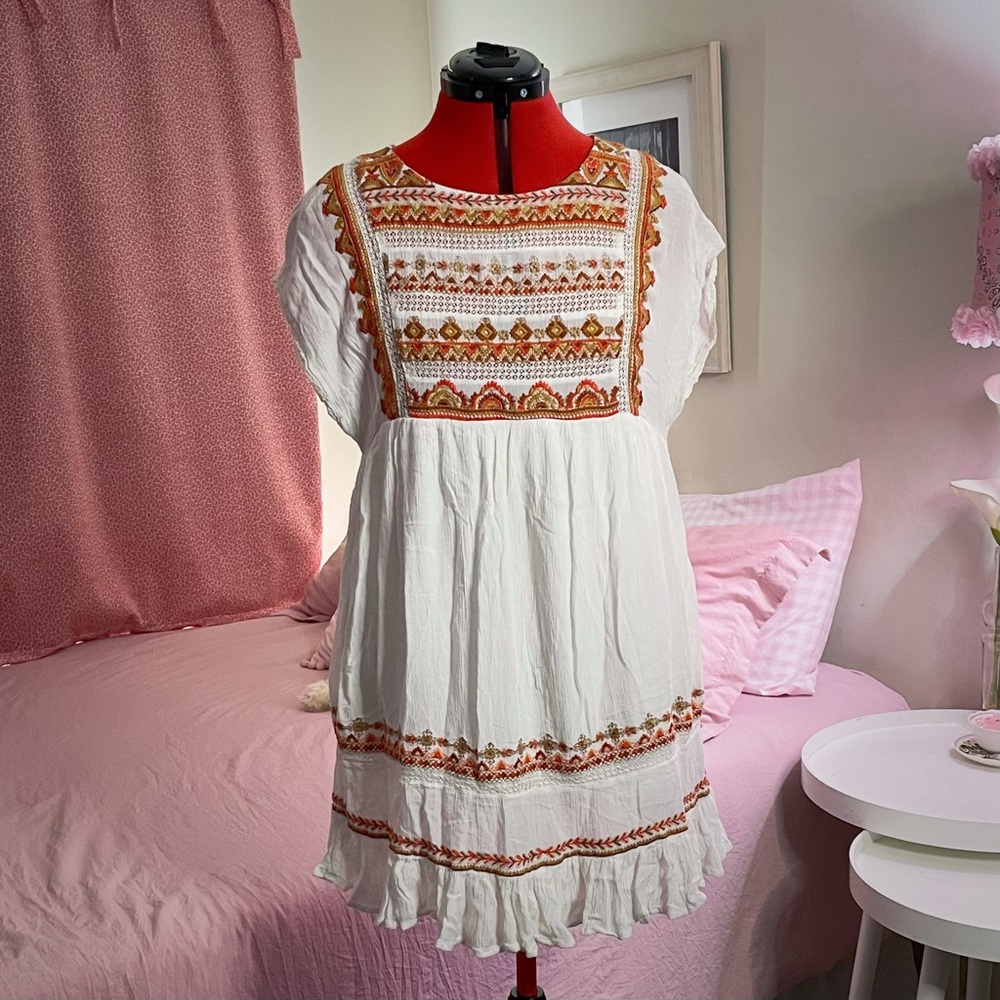 Free People White Boho Embroidered Tunic Dress with Orange Accents